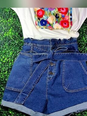 Paper Bag Denim Cuffed Shorts